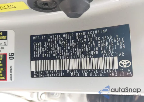 2018 Toyota Corolla Le z USA, uszkodzony, nr VIN 5YFBURHE1JP808642